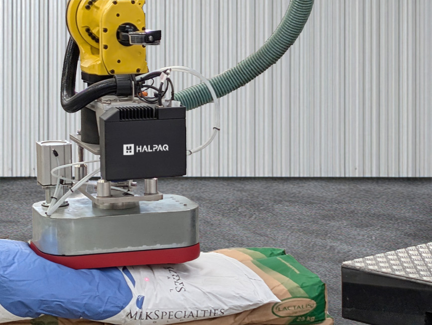 Robotic bag palletiser - Photo of bag picked up by suction cup 1